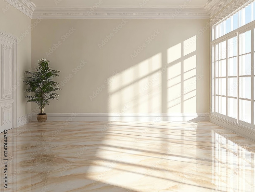 Sunlight Streams into Elegant Room Design with Marble Floor, Plant Sunlight Streams into Elegant Room Design with Marble Floor, Plant