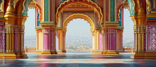 Indian Holi Symmetrical Archway with Colorful Powder Bursts, Traditional Indian Motifs, Gold Accents, and Vibrant Holi Splashes. Copy space. Generative AI 