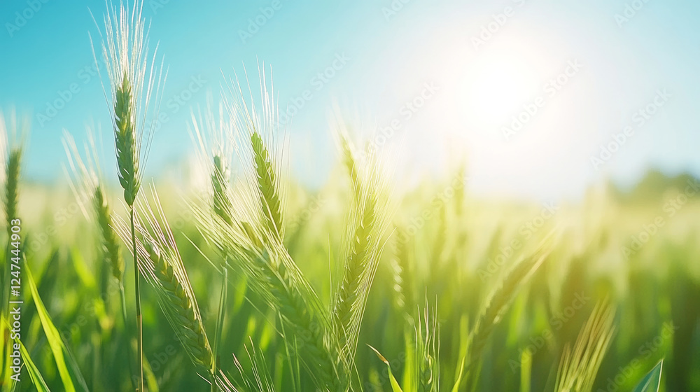 Vibrant green wheat field swaying gently under a bright blue sky evokes tranquility and connection to nature Vibrant green wheat field swaying gently under a bright blue sky evokes tranquility and connection to nature