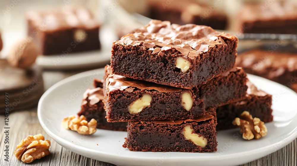Delicious walnut brownies are stacked on a white plate, ready to be savored. Delicious walnut brownies are stacked on a white plate, ready to be savored.