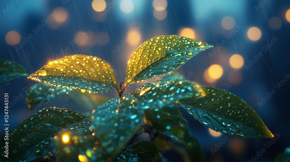 Close-up of fresh green leaves covered in raindrops, illuminated by warm golden city lights in a dreamy night atmosphere.  