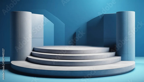 Grey 3D round podium on blue background. 