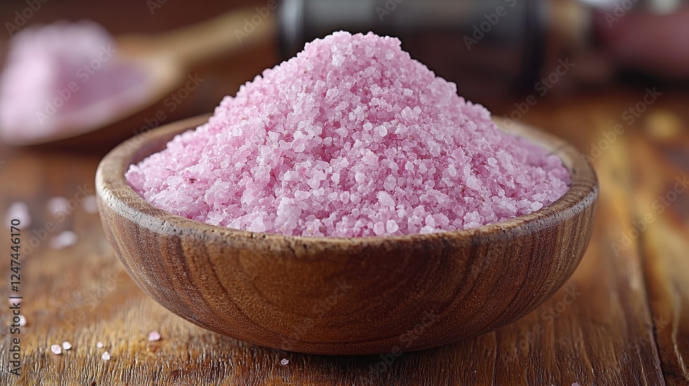 A bowl of pink salt on a wooden surface, emphasizing its natural beauty. A bowl of pink salt on a wooden surface, emphasizing its natural beauty.