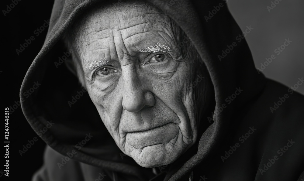 Black and white portrait of an elderly man with a hooded jacket Black and white portrait of an elderly man with a hooded jacket
