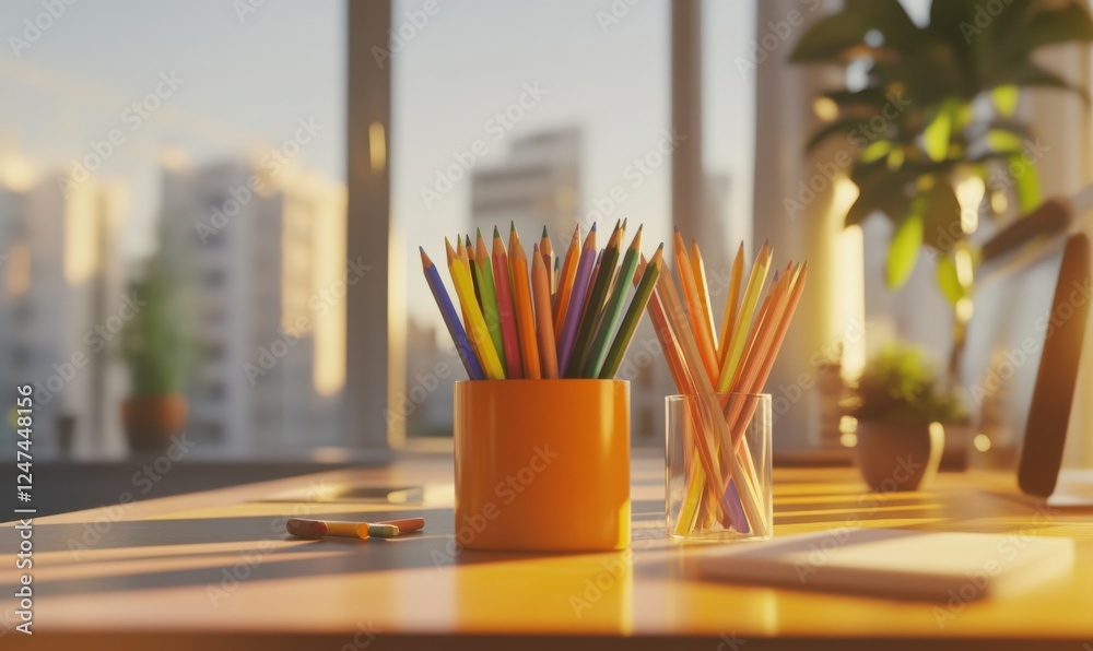 Obraz premium Close-up of vibrant colored pencils neatly arranged in a holder, placed on a modern desk with natural light streaming in, inspiring creativity