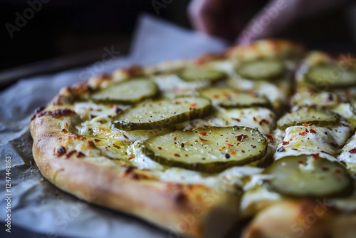 Delicious pickle pizza with melted cheese and spices on rustic crust photo