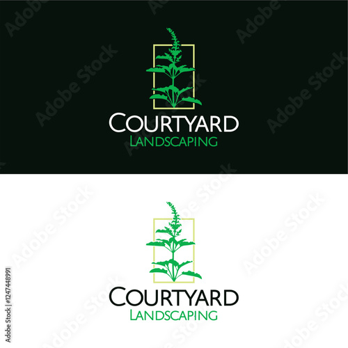 Courtyard Landscaping logo design integrates lush green elements with elegant typography, symbolizing eco-friendly landscaping and modern outdoor aesthetics, brand identity corporate image editable ve