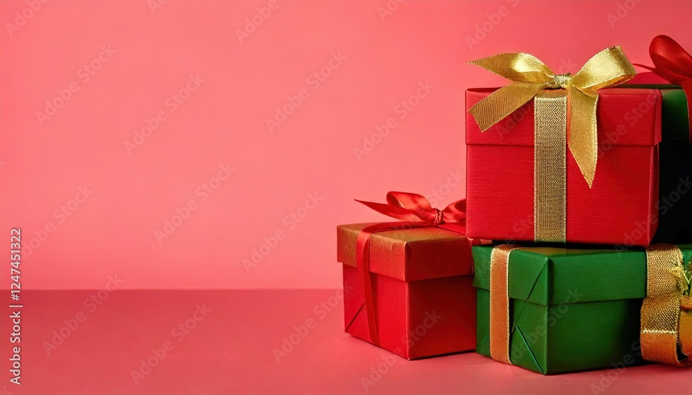 Christmas. Birthday, presents. red and gold gift wrapping against a coloured background