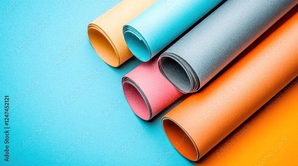 Colorful paper rolls on blue background; design, craft, texture Colorful paper rolls on blue background; design, craft, texture