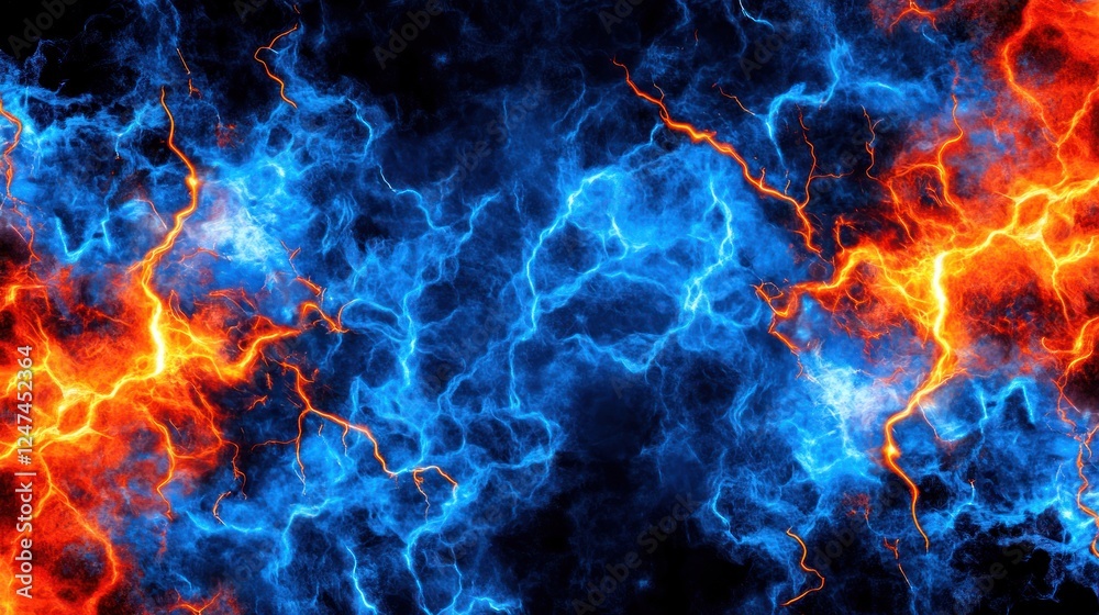 Fototapeta premium Fiery blue and orange plasma energy clashing, dark background, abstract design