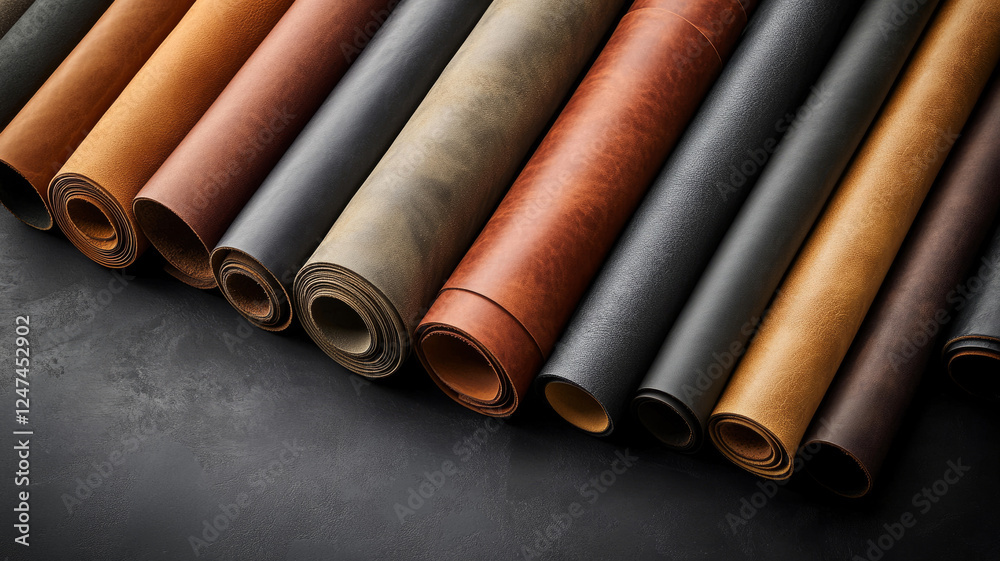 Rolls of leather in various colors and textures. Rolls of leather in various colors and textures.