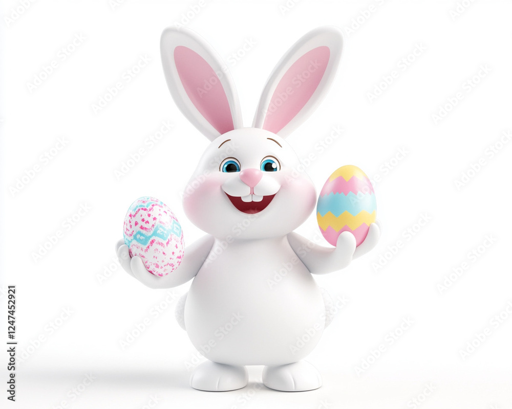 Obraz premium Cheerful white Easter bunny holding decorative eggs, festive springtime holiday mascot illustration