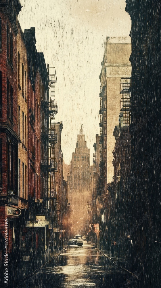 Fototapeta premium Rain falls on a city street lined with buildings