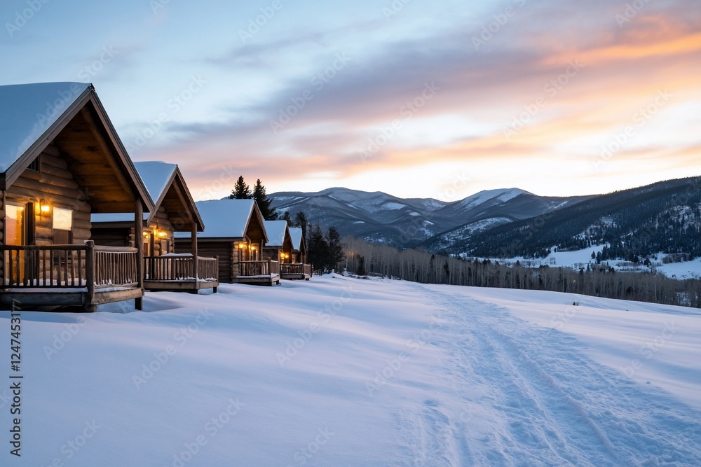 Mountain cabins sunset snow winter landscape travel. Mountain cabins sunset snow winter landscape travel.