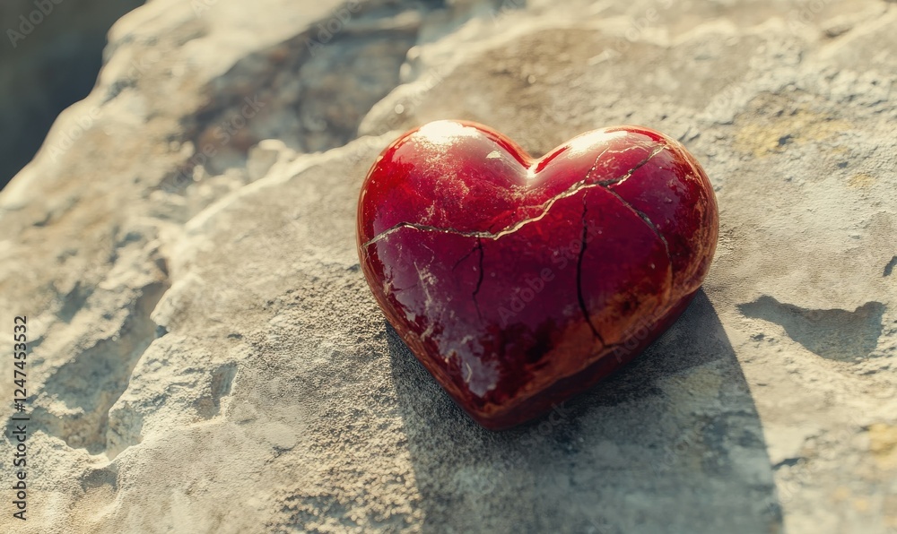Fototapeta premium Cracked red heart against a neutral background, symbolizing heartbreak and emotional fragility.