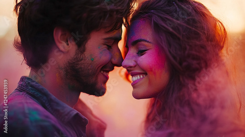 Couple painted in colours celebrating holi festival outdoor, happiness and love in a festive.  photo