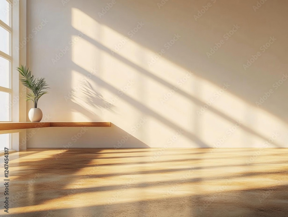 Fototapeta premium Sunlight Streams Through Window onto Room's Wooden Floor and Plant