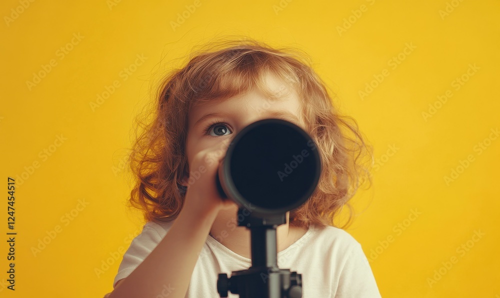 Obraz premium Curious child with big, expressive eyes peering through a telescope against a bright yellow background, capturing the wonder of exploration