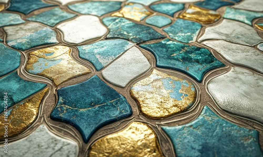 Fototapeta premium Close-up of colorful mosaic tiles in an intricate pattern, featuring shades of turquoise, gold, and white.