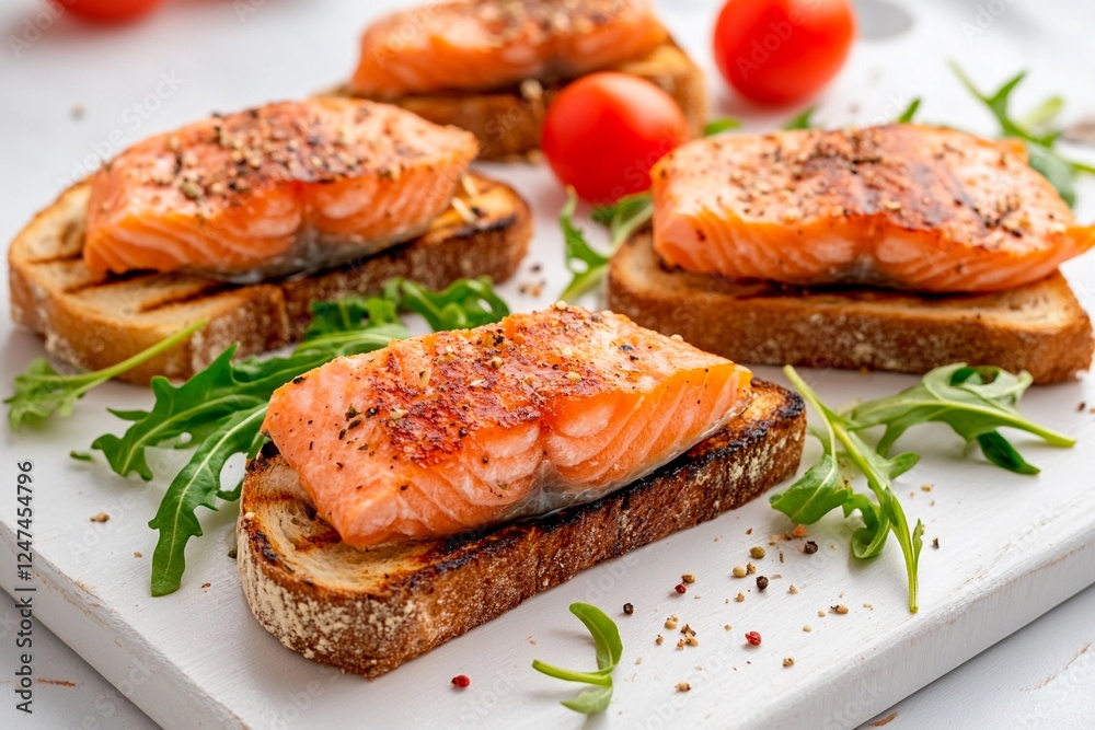 Savory grilled salmon on crusty bread with fresh greens and cherry tomatoes Savory grilled salmon on crusty bread with fresh greens and cherry tomatoes