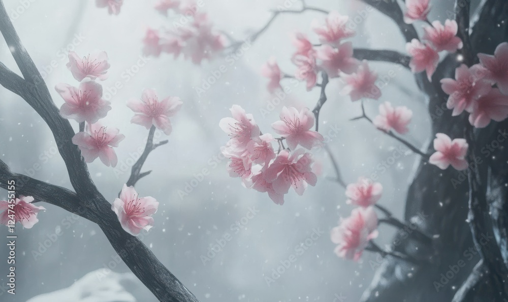 Delicate cherry blossoms blooming on branches with soft pink petals against a misty gray sky for a serene and tranquil mood