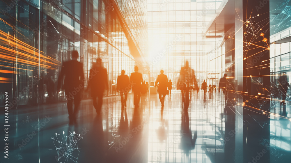 Obraz premium Group of business people silhouettes in modern office building and business network concept. Human resources with pastel innovation charts and graphs with statistics to analyze business 