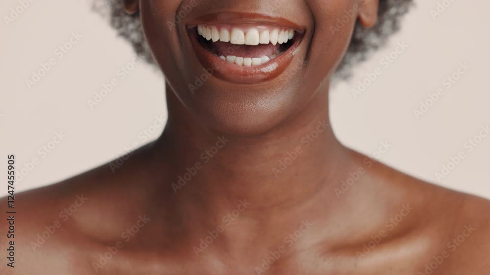 Dental, mouth and woman with laughing in studio for teeth whitening, treatment results and fresh breath. Oral hygiene, happy person and healthy gums with healthcare and funny joke on white background