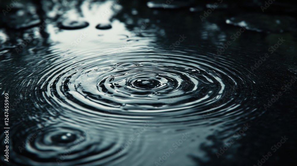 Raindrops ripple in dark puddle, trees blurred background, nature imagery Raindrops ripple in dark puddle, trees blurred background, nature imagery