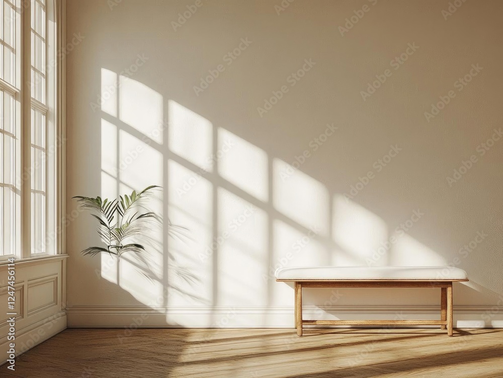 Fototapeta premium Sunlight Streams Through Window onto Bench in Room