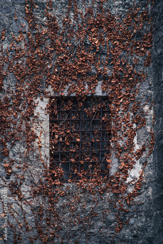 Dried leaves on a stone wall with a barred window