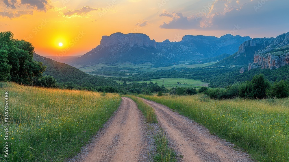 Sunset road through grassy valley, mountains. Landscapes Sunset road through grassy valley, mountains. Landscapes
