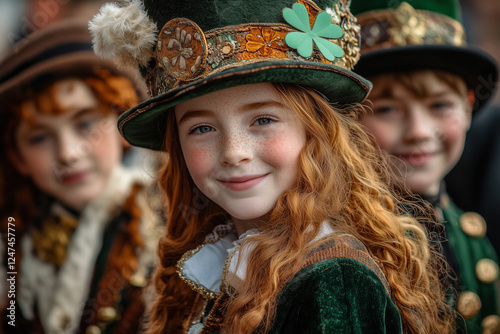 Red-haired Girl with freckles in Irish Hat with Shamrock Decoration. Celebration of Irish culture ideal for St. Patrick’s Day themes