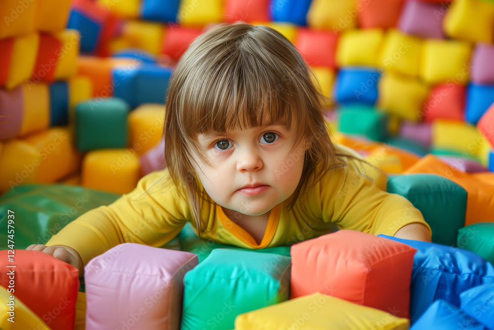 Joyful Child with Down Syndrome Explores Sensory Play with Colorful Cubes, High Definition Joyful Child with Down Syndrome Explores Sensory Play with Colorful Cubes, High Definition