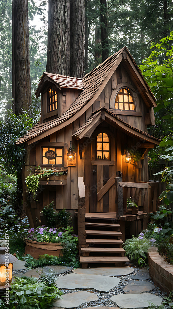 rustic wooden treehouse nestled among lush greenery, featuring charming windows and warm lighting, creating cozy atmosphere rustic wooden treehouse nestled among lush greenery, featuring charming windows and warm lighting, creating cozy atmosphere