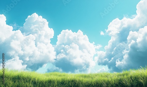 Fluffy white clouds rolling across a brilliant blue sky, viewed over a calm rural field for a tranquil and uplifting landscape
