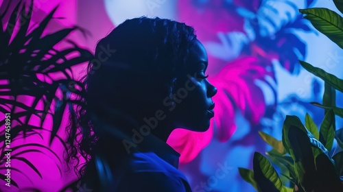 Woman, silhouette, neon, plants, studio, beauty, profile, tropical, background, portrait