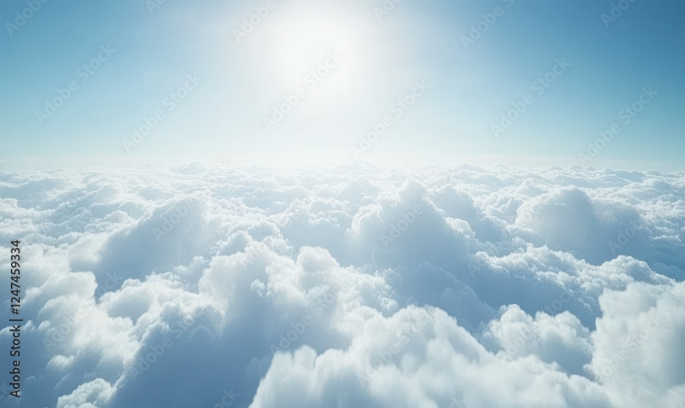 Panoramic view of fluffy white clouds over a serene blue sky, styled to convey a sense of tranquility and endless possibilities Panoramic view of fluffy white clouds over a serene blue sky, styled to convey a sense of tranquility and endless possibilities