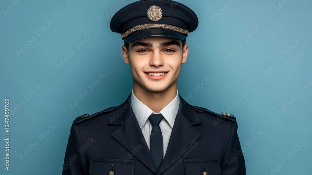 Smiling pilot portrait, blue background, studio shot, aviation career Smiling pilot portrait, blue background, studio shot, aviation career