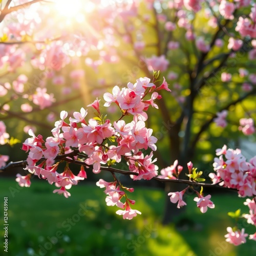 A charming spring border or background design featuring pink blossoms this lovely nature scene captures a tree in full bloom enhanced by sun flares embodying the spirit of a sunny spring day suita eas photo