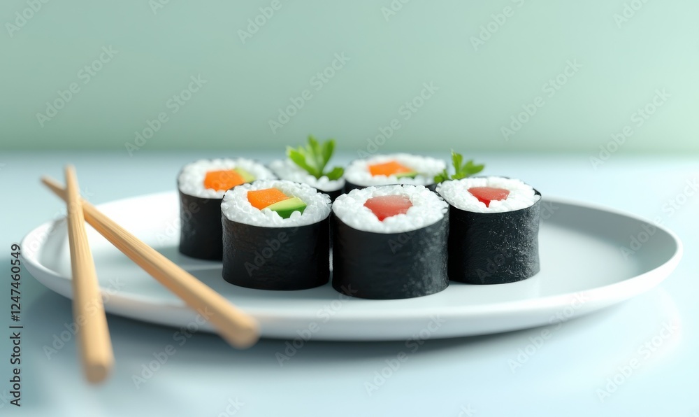Plate of vibrant sushi rolls garnished with fresh herbs and colorful sauces, styled on a clean, modern surface with a pair of chopsticks Plate of vibrant sushi rolls garnished with fresh herbs and colorful sauces, styled on a clean, modern surface with a pair of chopsticks