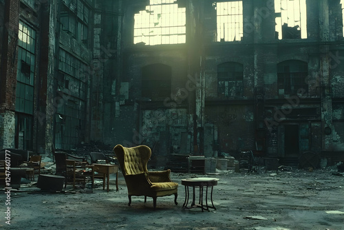 Abandoned factory interior, lone chair, sunlight photo
