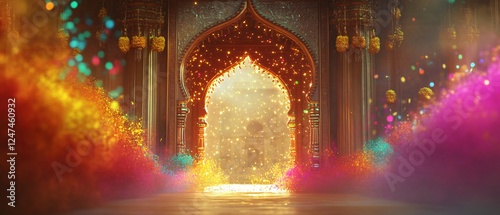 Vibrant Indian Holi Color Bursts Framing and Ornate Archway Palace with Marigold Garlands and Gold Detailing. Copy space. Generative AI