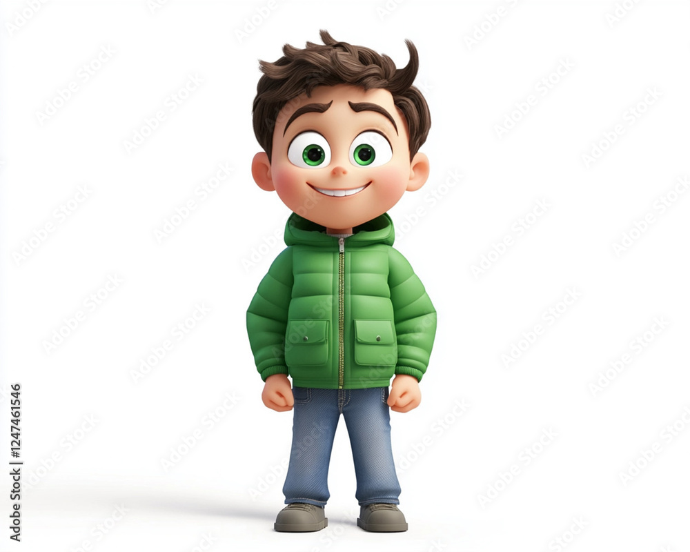 Cheerful young boy in a bright green jacket, positive 3D character with friendly demeanor Cheerful young boy in a bright green jacket, positive 3D character with friendly demeanor
