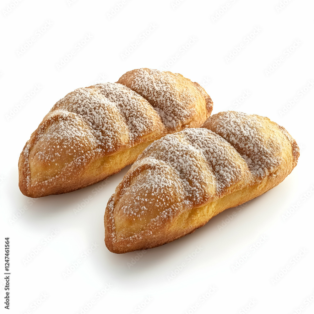 Two pastries, powdered sugar, white background, food photography, baking Two pastries, powdered sugar, white background, food photography, baking