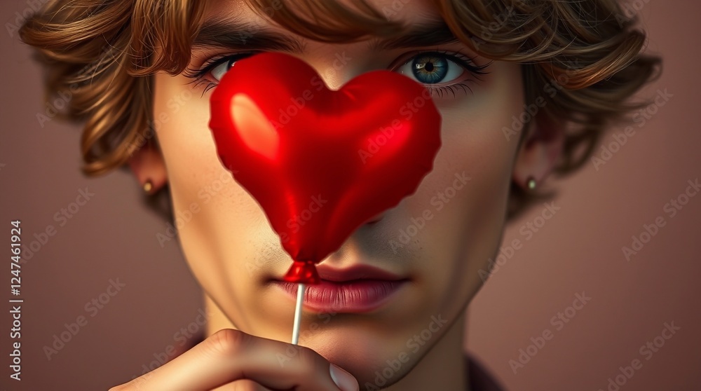portrait of handsome man with heart balloon portrait of handsome man with heart balloon