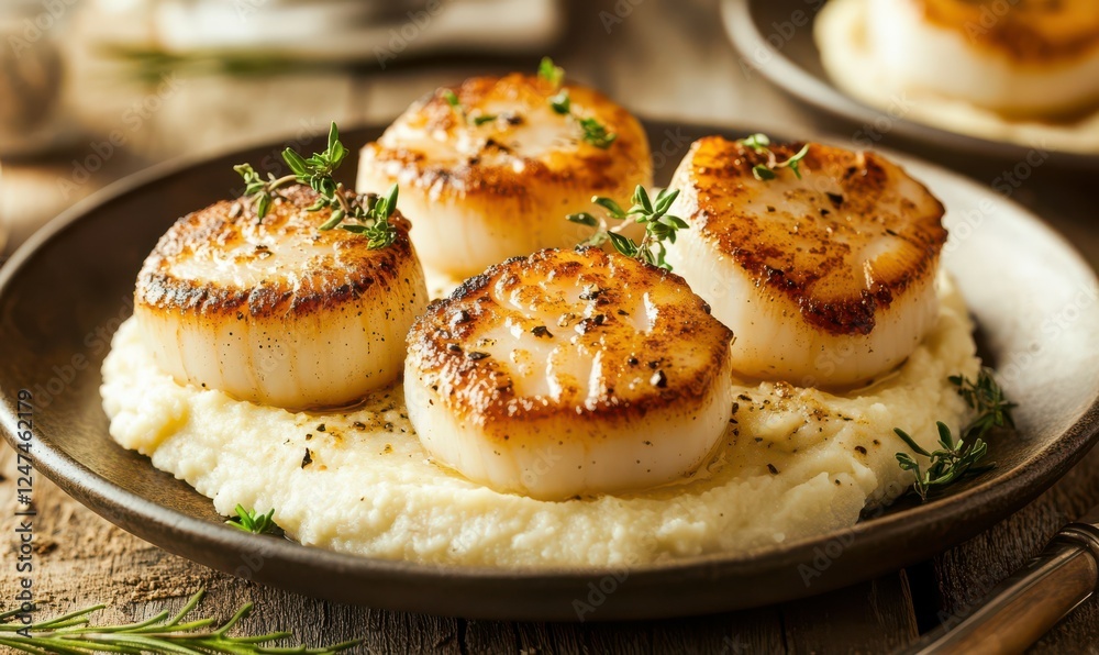 Seared scallops served with puree and seasoning, plated on a rustic wooden table for an elegant dining experience Seared scallops served with puree and seasoning, plated on a rustic wooden table for an elegant dining experience