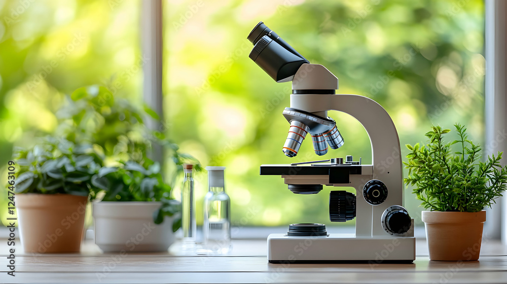 Microscope, plant research, window view, lab Microscope, plant research, window view, lab