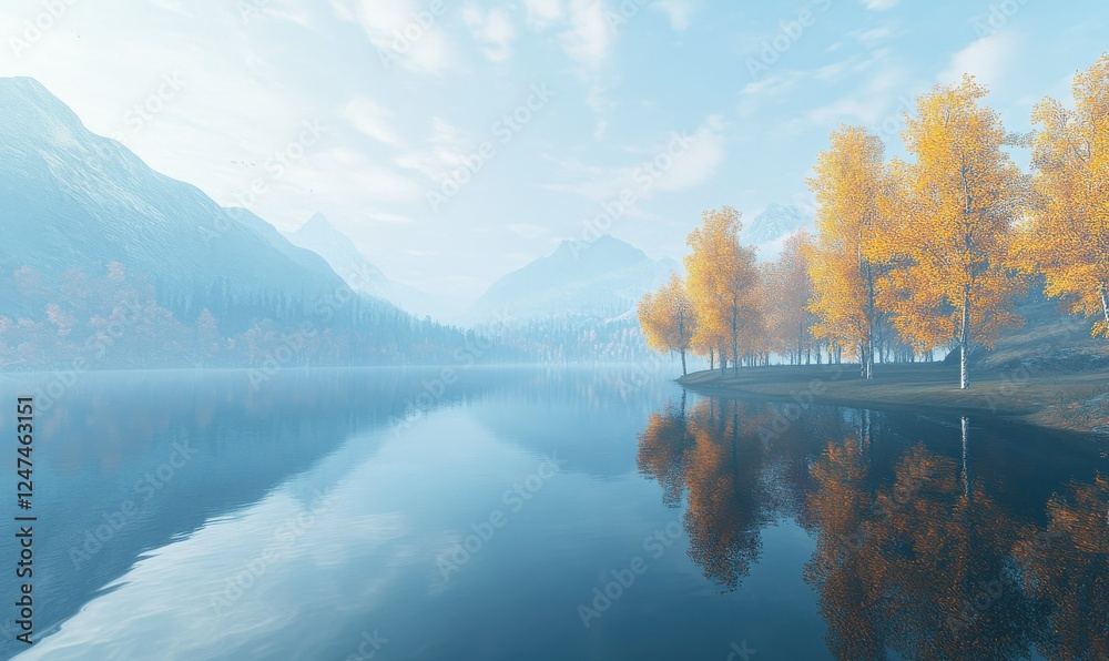 Fototapeta premium Serene mountain lake with reflections of autumn trees and a misty horizon, styled for a tranquil and picturesque scene