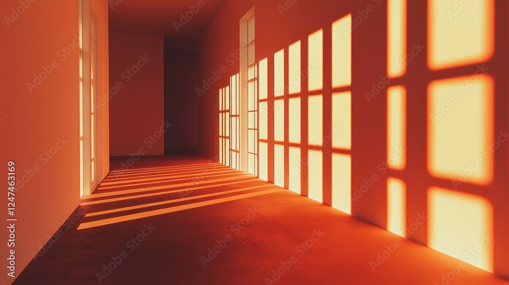 Obraz premium Sunset light illuminates long corridor, interior design, empty space, architectural rendering