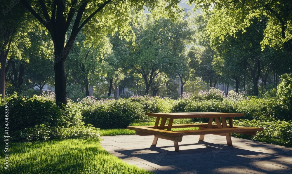 Serene park view with a wooden picnic bench under lush green trees, bathed in warm sunlight for a peaceful outdoor setting Serene park view with a wooden picnic bench under lush green trees, bathed in warm sunlight for a peaceful outdoor setting